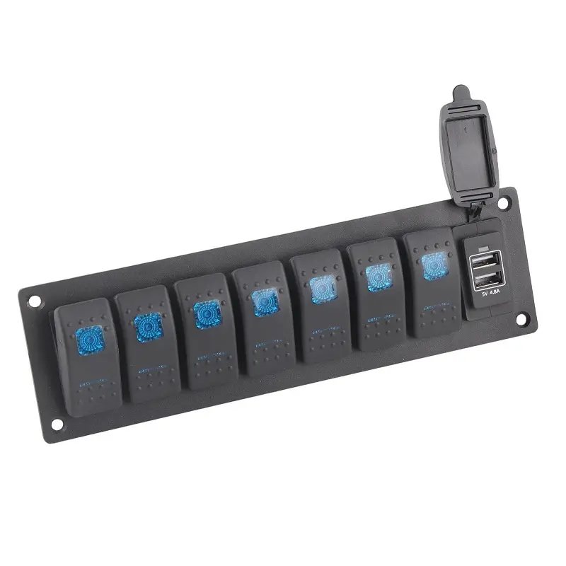 IP66 Waterproof 7 Gang Rocker Switch Panel with Dual USB Charger & Blue Backlit for Boats & Marine