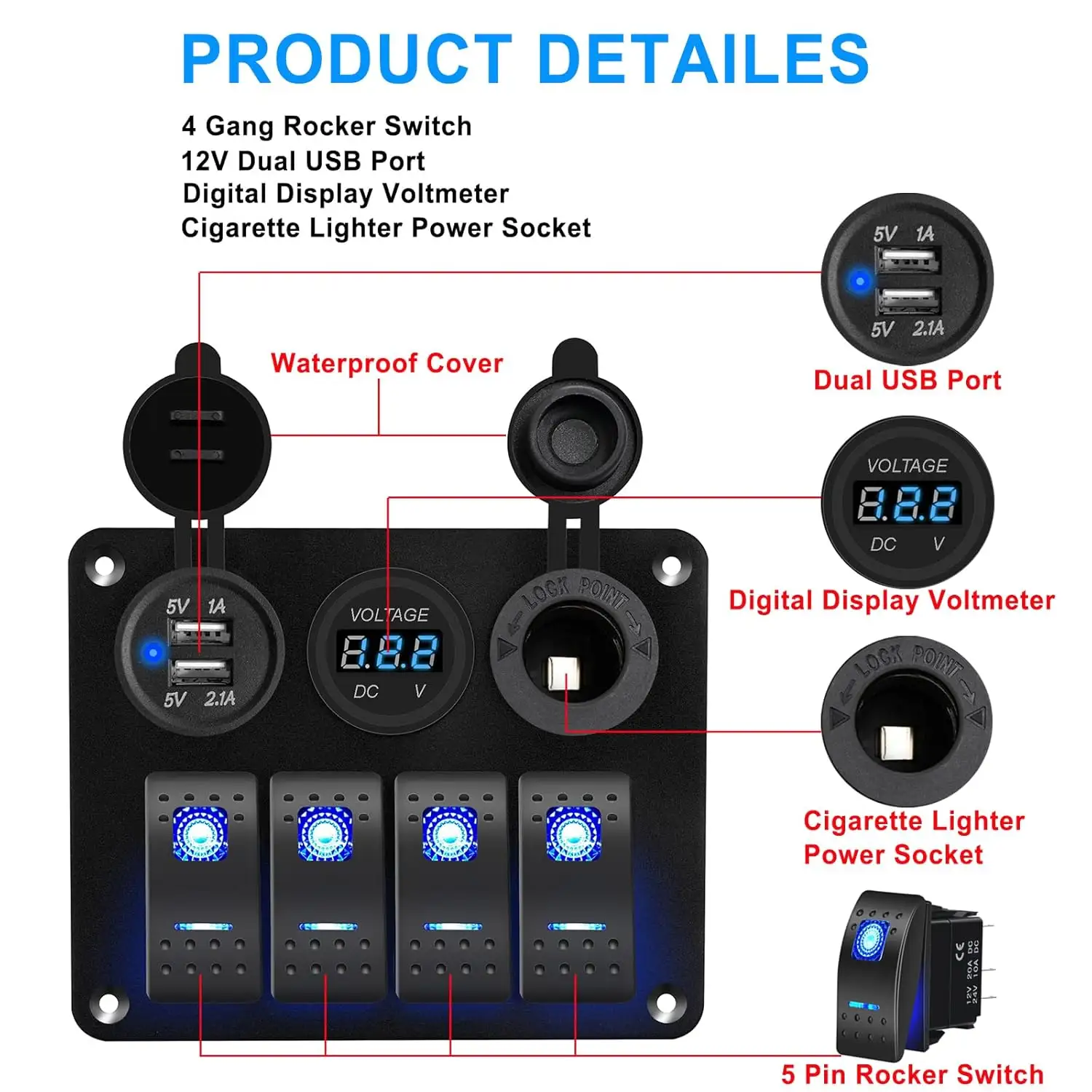 4 Gang Waterproof LED Voltmeter Marine Boat Rocker Switch Aluminum Panel 12V Digital Display Blue Lamp Color On-Off Function