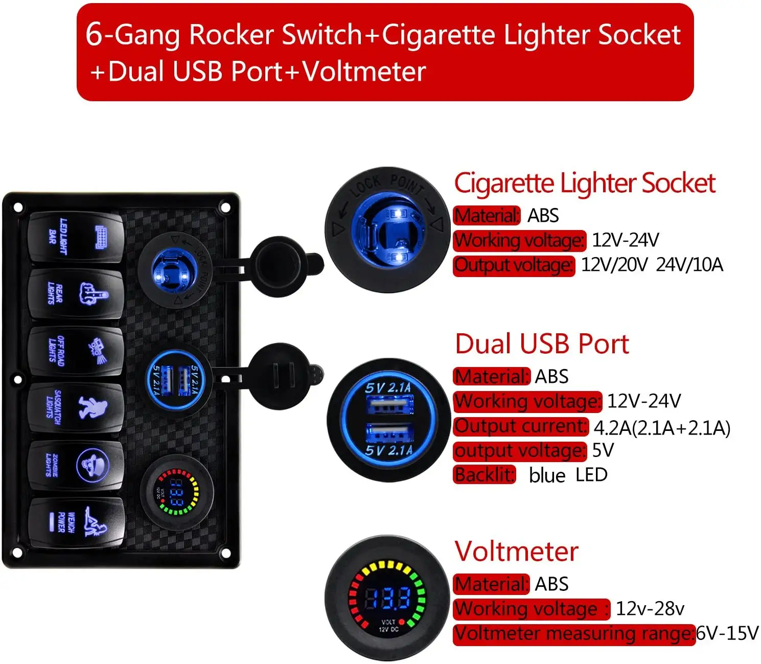 Waterproof 6-Gang Rocker Panel with Dual USB & Cig Lighter for Marine/Car