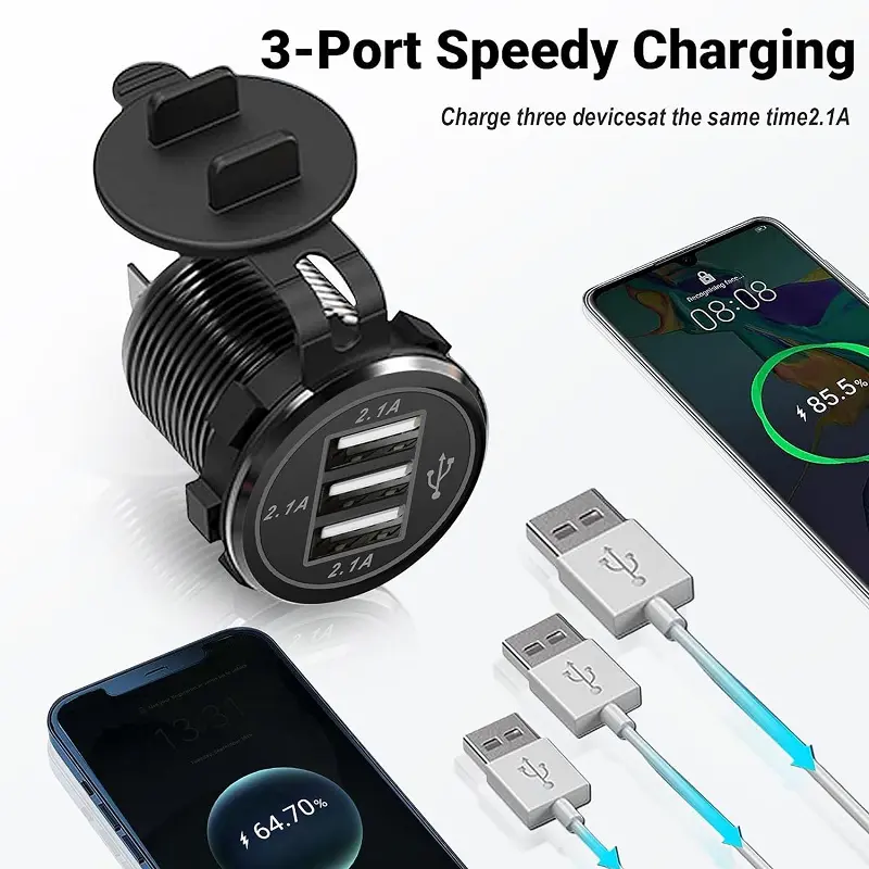 Waterproof Aluminum 3-Port Fast Charger: 12/24V Car & Boat USB Socket.