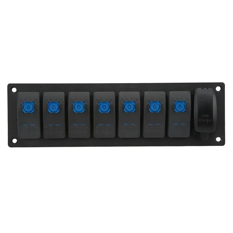 IP66 Waterproof 7 Gang Rocker Switch Panel with Dual USB Charger & Blue Backlit for Boats & Marine