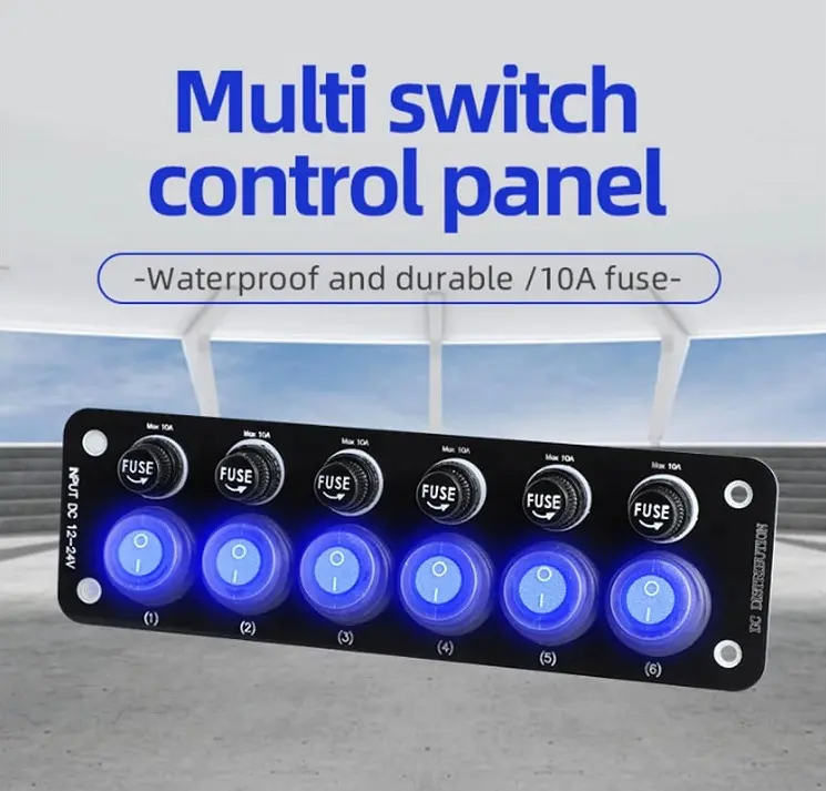 12V 6 Gang Round Toggle Rocker Switch Panel for Auto, Marine, Truck & RV