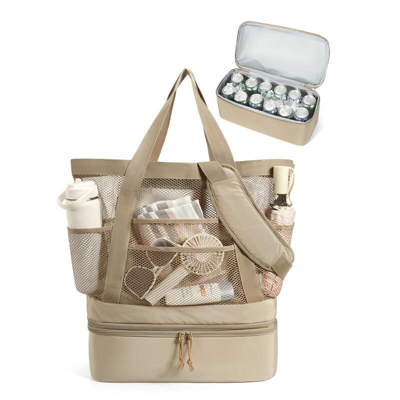 Bolsa de Praia com Resfriador, Bolsa de Praia de Malha com Zíper e Bolsos Grande Compactável para Piscina, Natação e Acessórios de Viagem