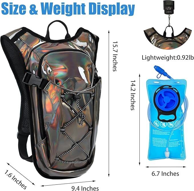 2.Mochila de Hidratação Refletiva, Mochila de Hidratação - Mochila com 2L de Reservatório de Hidratação, Essencial para Festivais - Mochila de Hidratação para Rave para Caminhada, Corrida, Ciclismo e Festivais