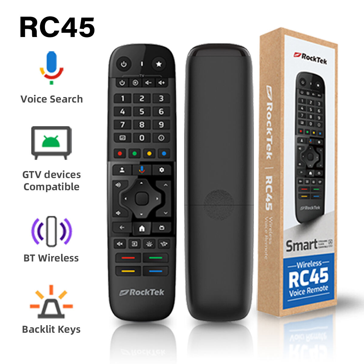 Mando a distancia inalámbrico RockTek RC45 con voz, aprendizaje IR para TV, ratón aéreo, mando a distancia inalámbrico inteligente para Google TV con control por voz