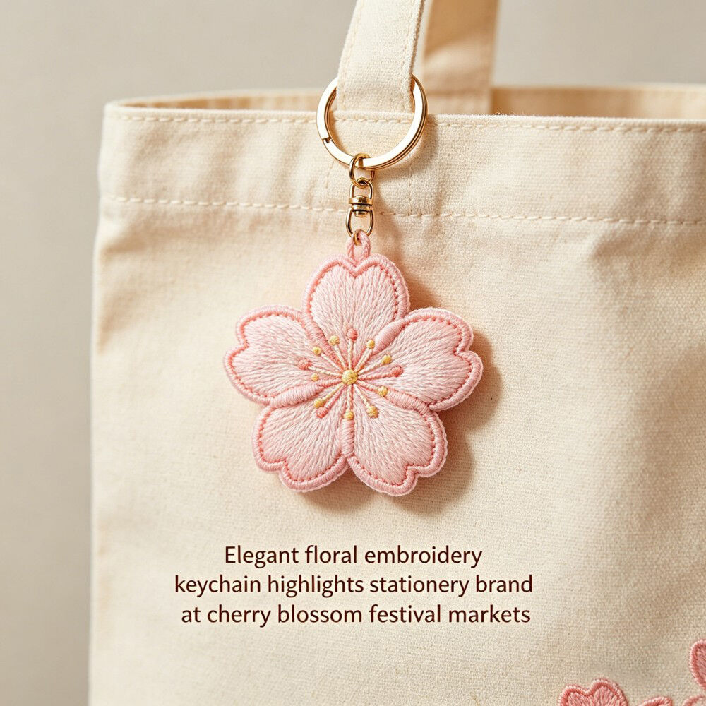 Cheie brodată elegantă cu flori de cireș de la AWELLS, accesoriu floral blând pentru geante tip tote și cadouri pentru piețele de primăvară
