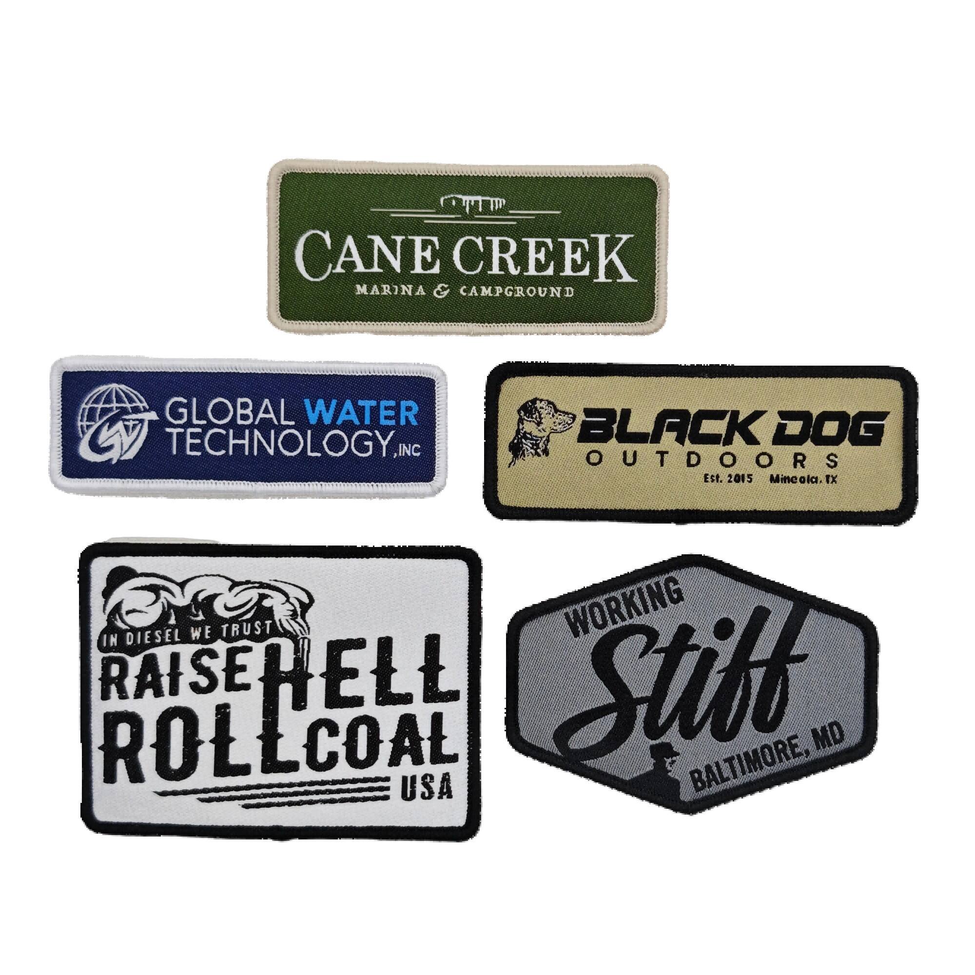 Professional Woven Logo Patches With Text And Geometric Patterns Ideal For Company Uniforms And Hats