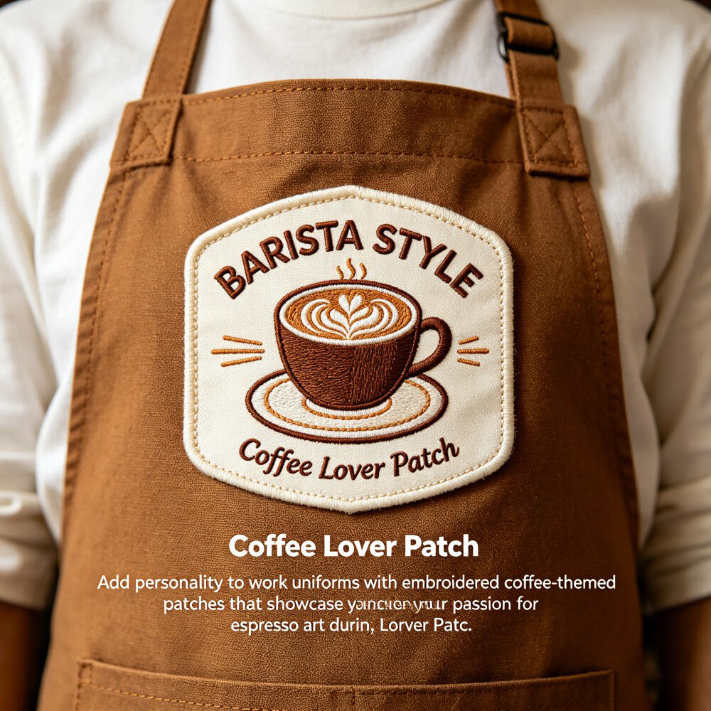 Parche bordado temático de arte cafetero AWELLS para delantales personalizados de baristas y uniformes del personal de cafeterías
