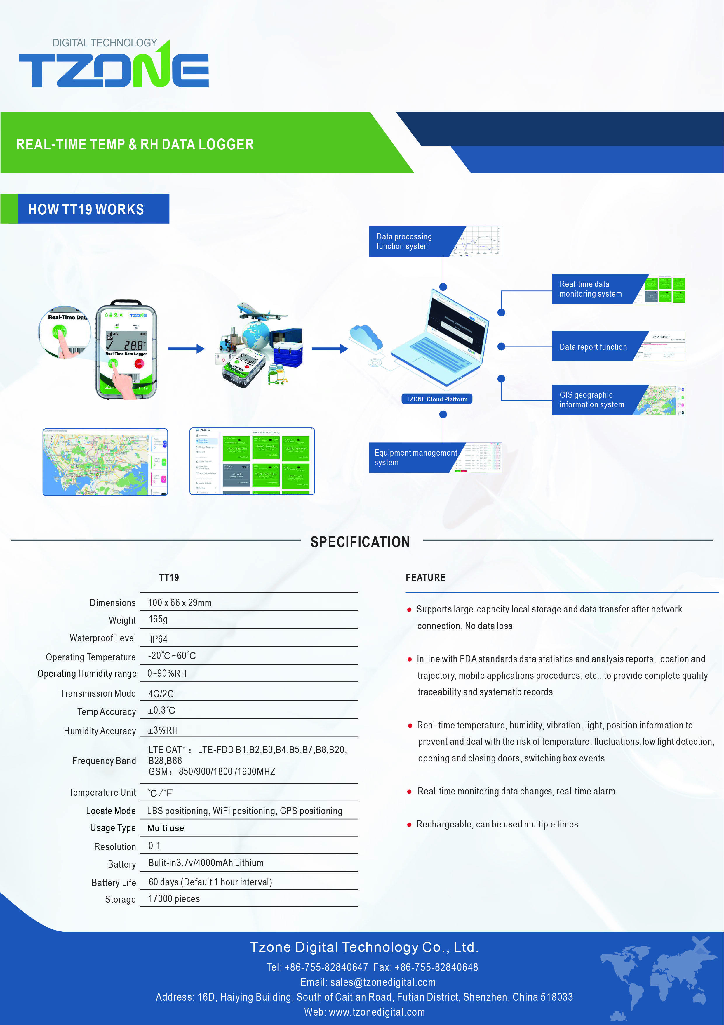 TT19 fleet tracker gps 4g with temperature and humidity recorder wifi temperature data logger details