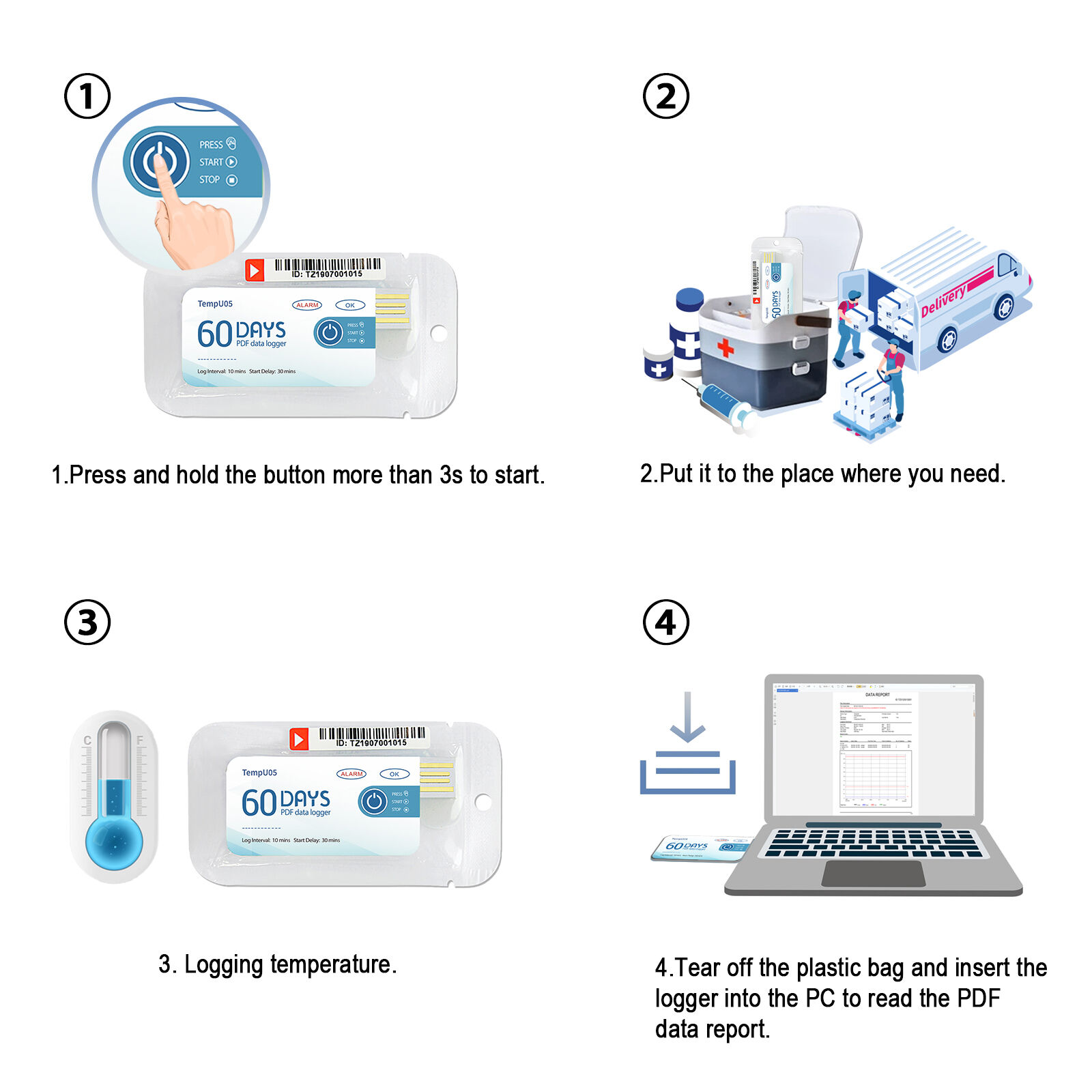 Tzone TempU05 Fruit Logistic Temperature Logger with PDF Report Temperature Recorder 