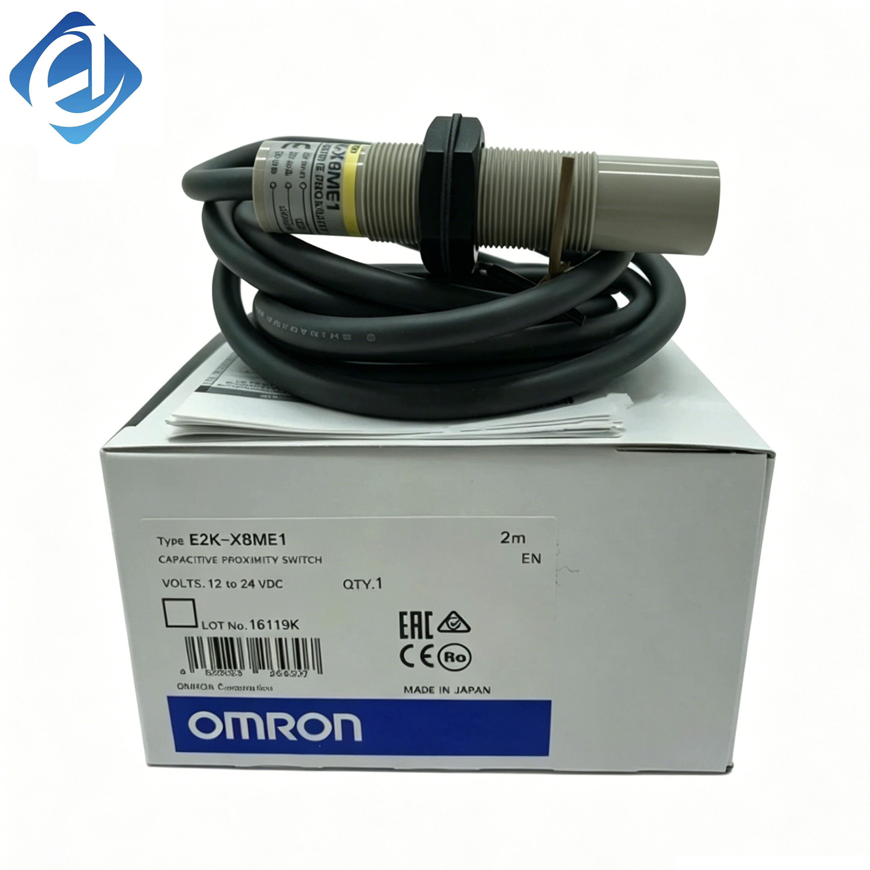 New Original Omron E2K series capacitive proximity sensor. 8mm sensing distance, non-contact detection, NPN output, 12–24V DC supply, IP67 protection. Stable performance, detects metal and non-metal objects. Widely used for level detection, position contr