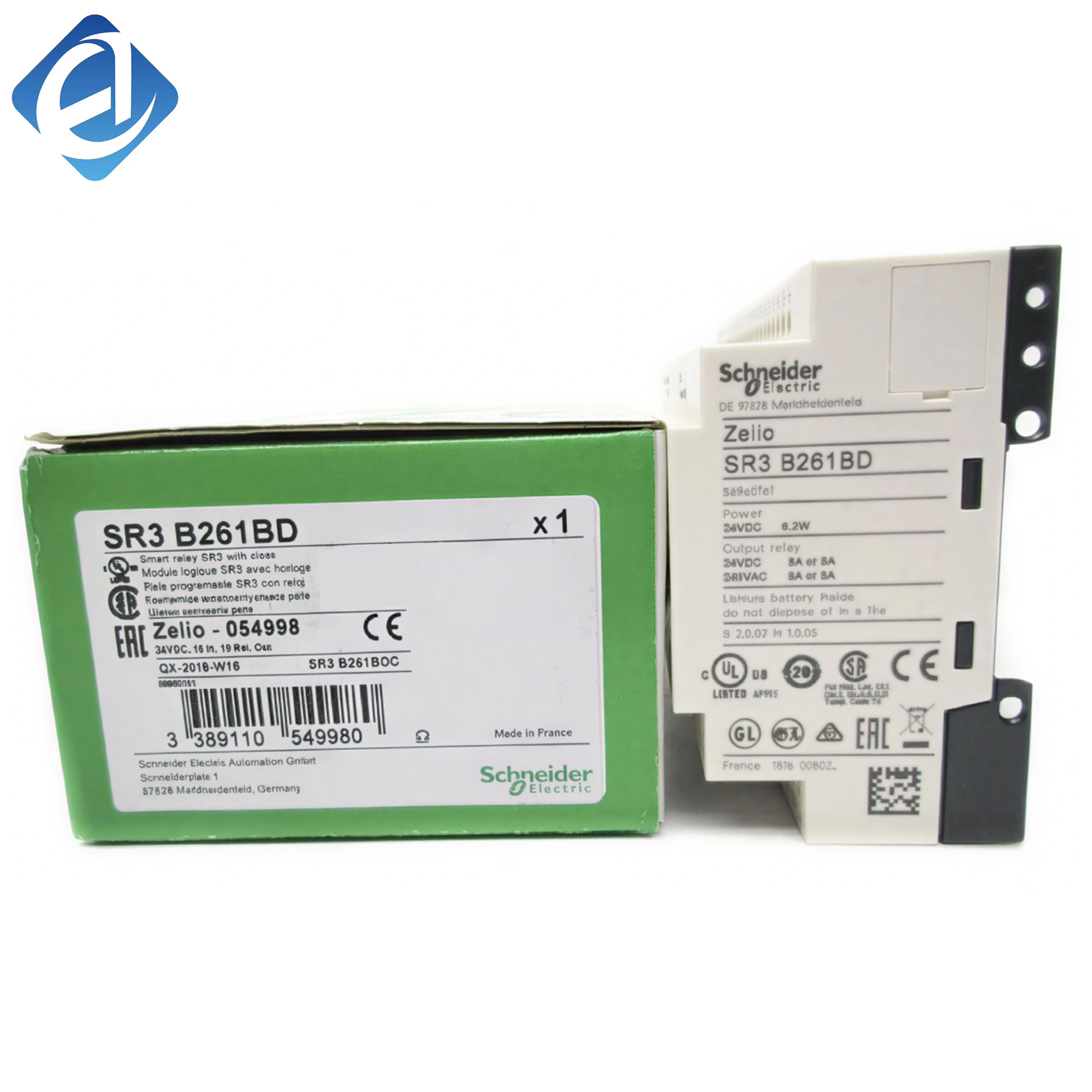New Original SR3B261BD Zelio Logic series modular smart relay, 24V DC, 26 I/O (16DI+6AI+10 relay outputs), built-in LCD & real-time clock, DIN rail mount, for industrial automation, logic control & monitoring