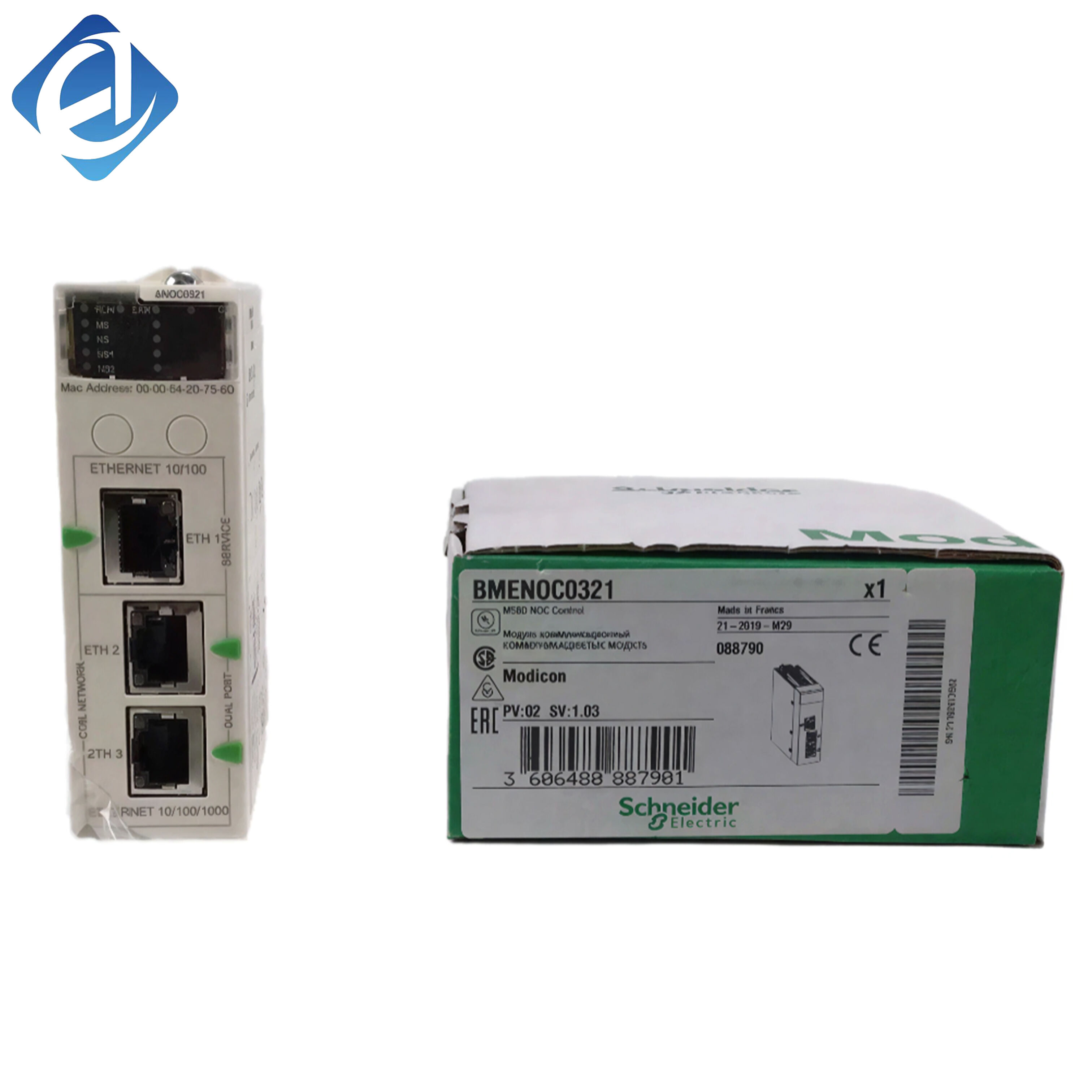 Original New BMENOC0321 Modicon M580 series Ethernet communication module. It provides high-speed Ethernet network connection, stable data transmission and remote communication functions