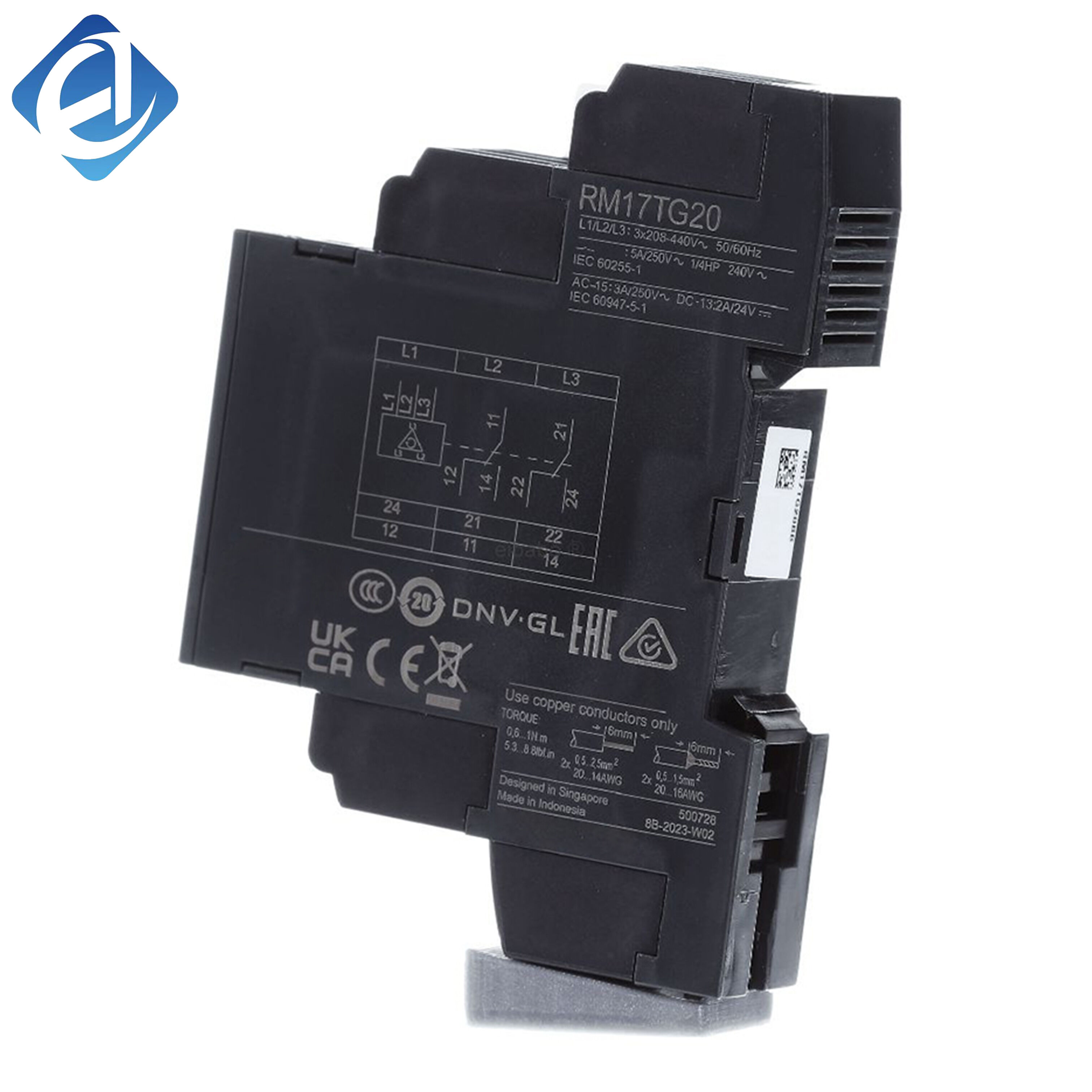 New Original RM17TG20 Zelio phase monitoring relay. Monitors 3-phase sequence, loss and voltage asymmetry, 183-484V AC wide range, 5A contact capacity, fast fault response, DIN rail mounted