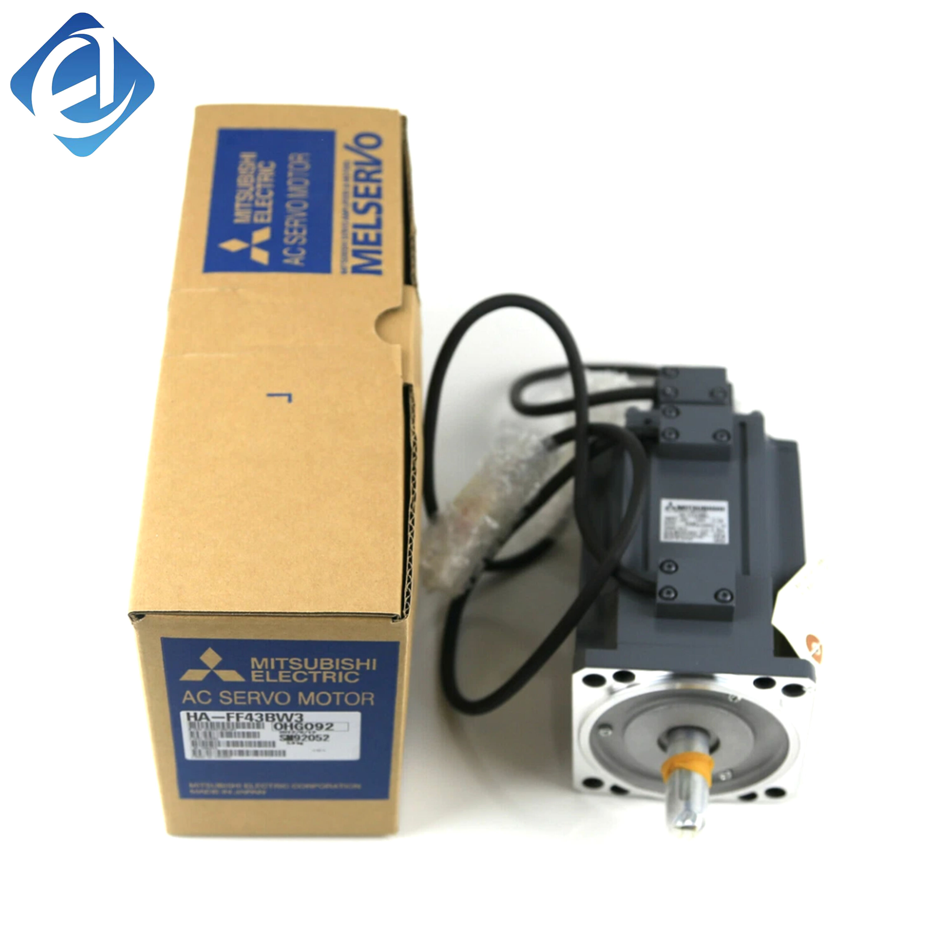 Új, eredeti HA-FF43BW3 típusú HA‑FF sorozatú szervomotor, 400 W teljesítménnyel, fékkel és speciális vezetékezési előírással, ipari automatizációs mozgásszabályozó rendszerekhez használt MR‑J2 sorozatú szervohajtóművekkel összeillő.