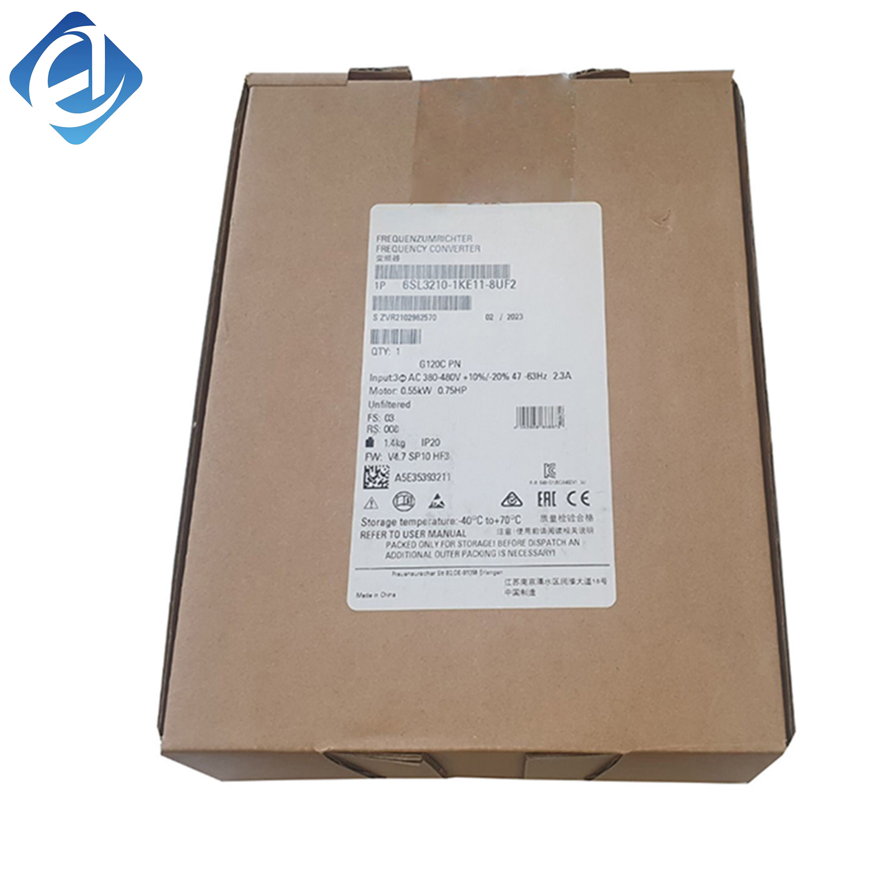 New Original 6SL3210-1KE11-8UF2 compact inverter for Siemens SINAMICS G120C series, 3-phase 380-480V AC input, rated power 0.75kW. Features sensorless vector control, built-in filter, comprehensive protections and easy installation.