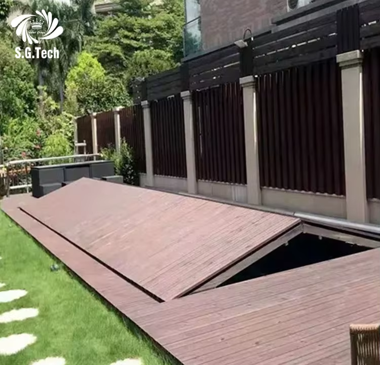Wasserkronen hochwertig fallobere Poolabdeckung anpassbar aus Edelstahl Holz staubdicht und platzsparend für Erwachsene und Kinder