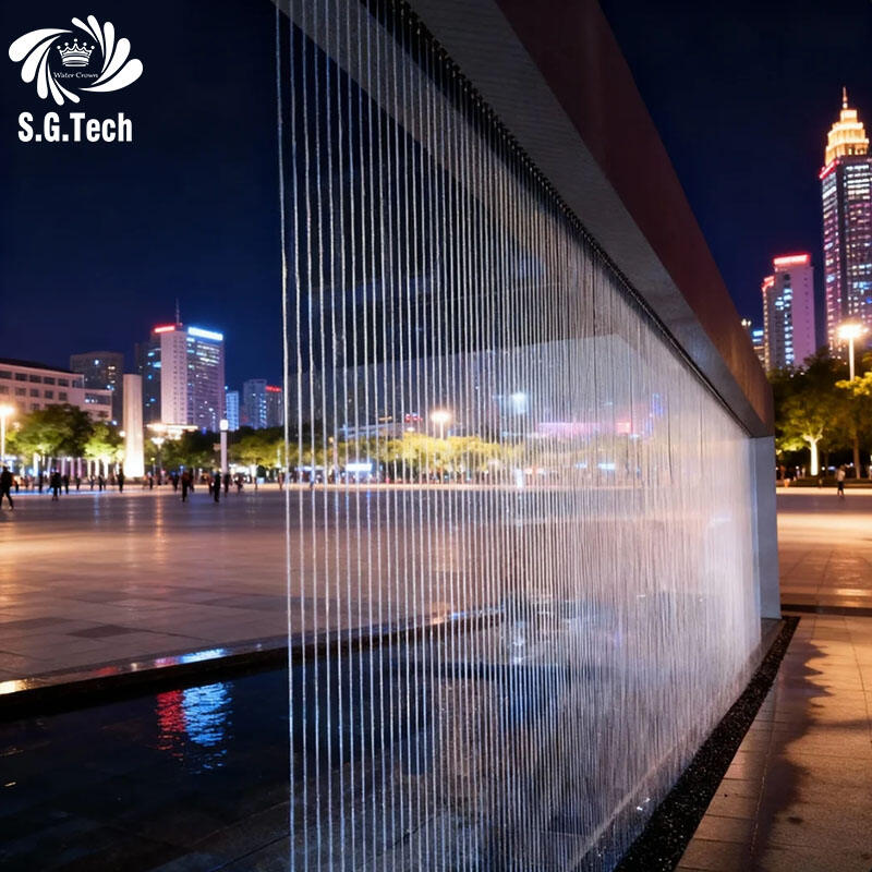 Ciptakan pola aliran air untuk acara, hotel, dan pusat perbelanjaan dengan sistem tirai air rangkaian ber-LED yang dapat diprogram