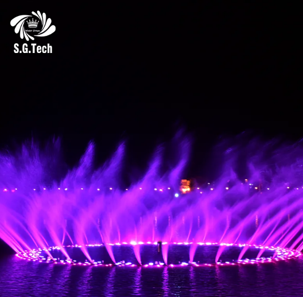 Why do dancing fountains with RGB LED lights create millions of color combinations during nighttime performances?