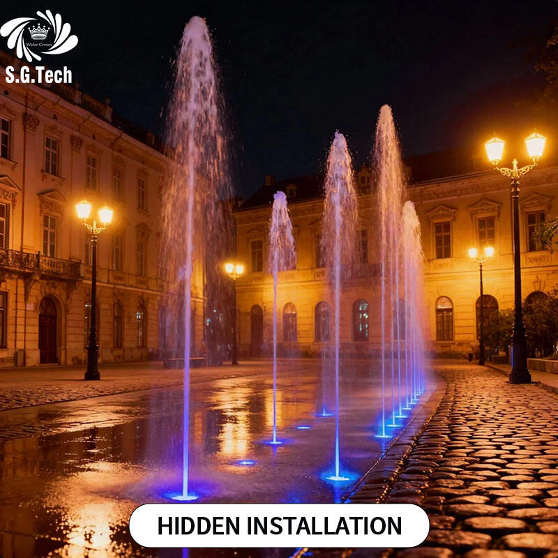 ウォーターソーン：大規模屋外噴水向けにカスタム設計されたモダンDMXドライ噴水（音楽連動対応）、遊び心あふれる仕様