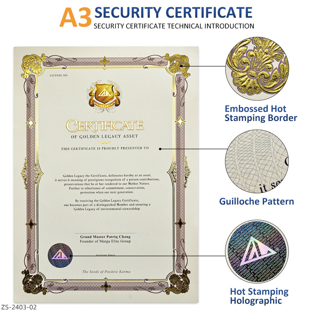 Custom Luxury A3 Certificate Paper With Holographic Seal and Gold Foil Stamping Embossed 300GSM Cardboard for Gift Security factory