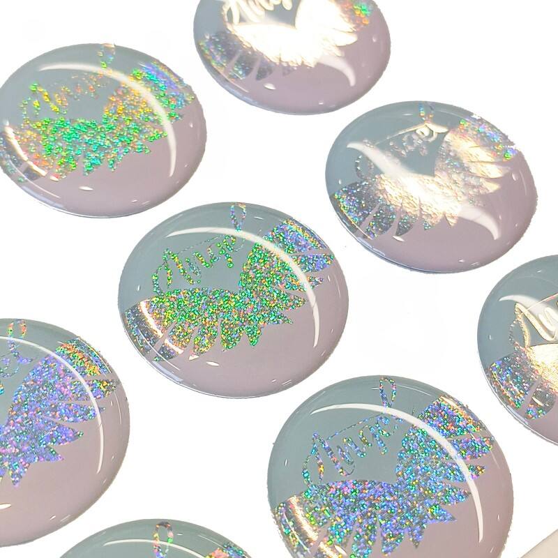 Super Beautiful Bubble Customize Round Die Cut Pink Laser Clear Crystal Weatherproof PU 3D Domed Epoxy Resin Stickers