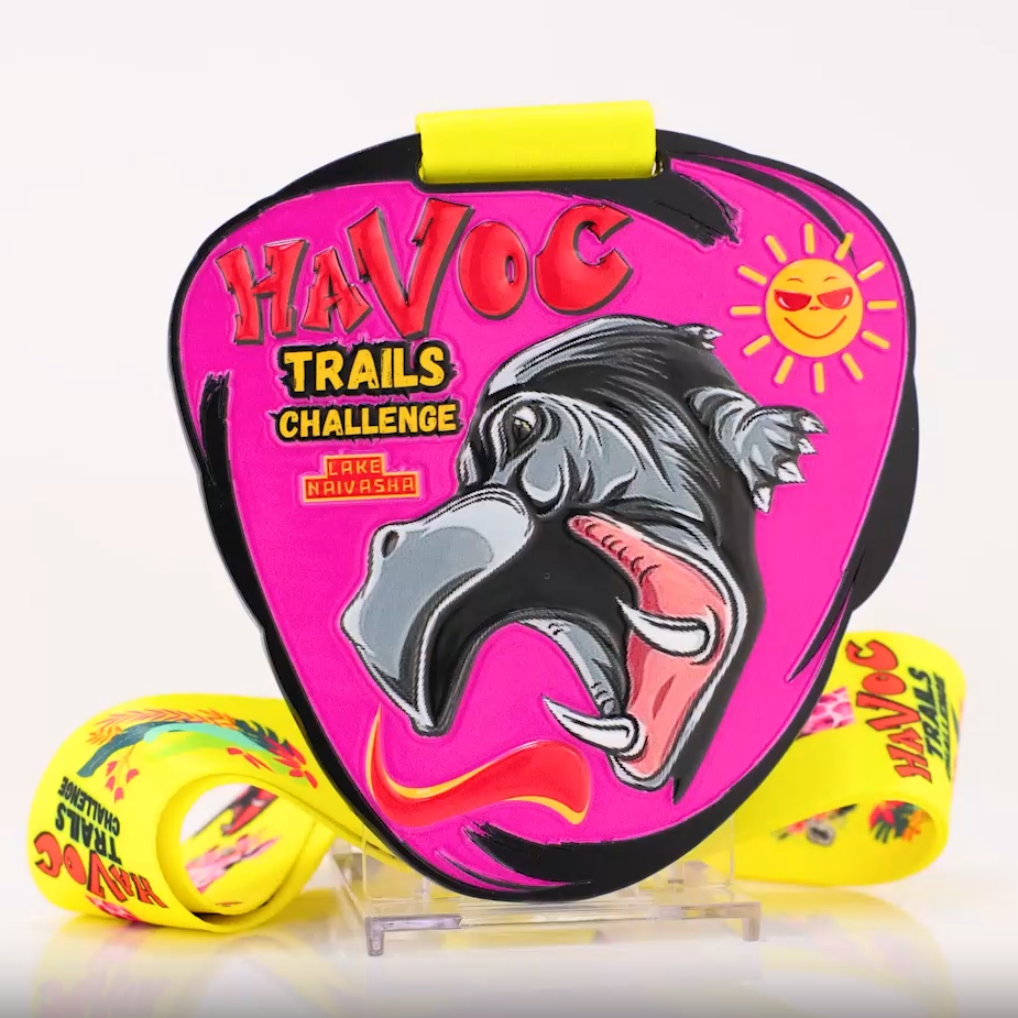 Havoc-Trails-Challenge – Zielmedaille für den See Naivasha: Afrikanische Trail-Rennauszeichnung mit Flusspferd-Motiv und Lanyard