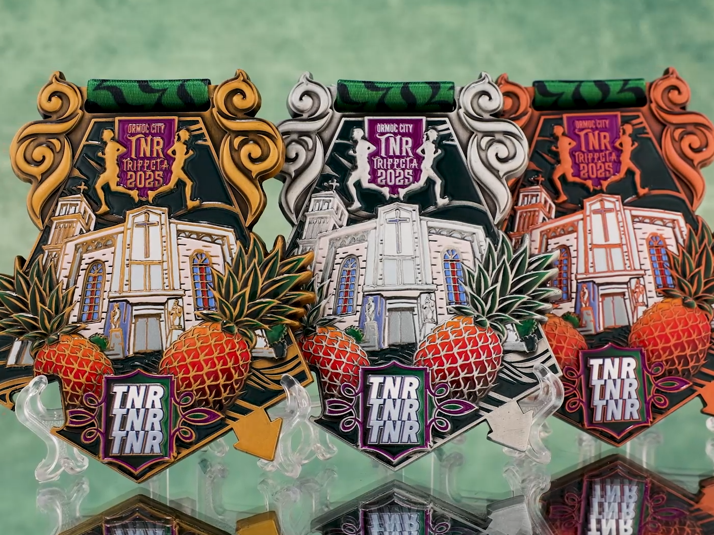 The finisher's medals from the triathlon events in Ormoc City, Philippines