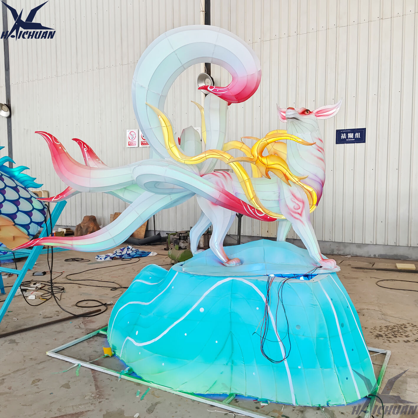 Chinese Myth Traditional Lantern Festival Waterproof Nine Tails Fox Silk Lantern Animals for Outdoor Decoration