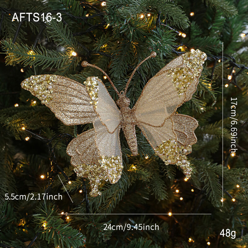 Golden Artificial Glitter Christmas Butterfly Ornaments