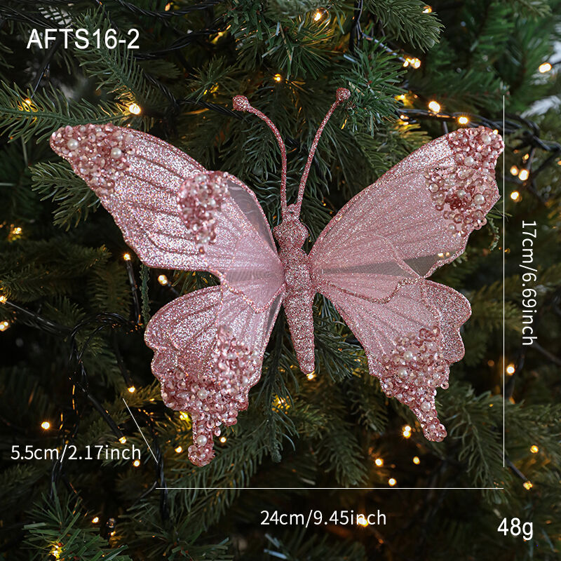 Pink Artificial Glitter Christmas Butterfly Ornaments