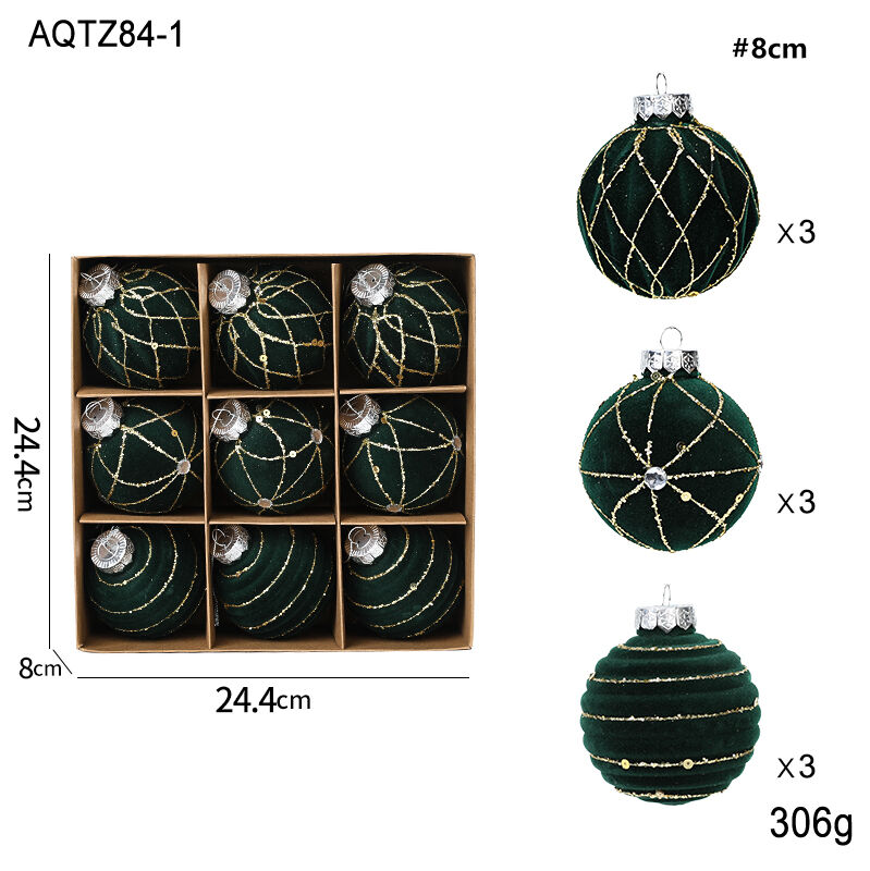 A set of 9 PCS Green Velvet Plastic 8cm Christmas Balls