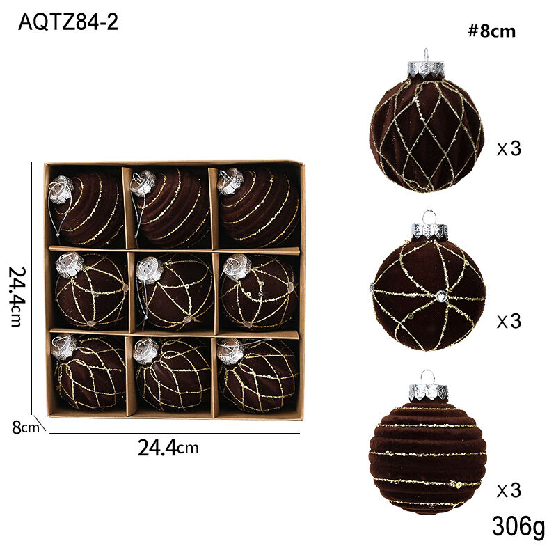 A set of 9 PCS Coffee Velvet Plastic Christmas Balls