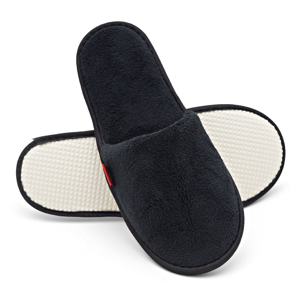 Black Terry Coral Fleece Cotton Closed Toe Hotel Disposable Slippers With Logo