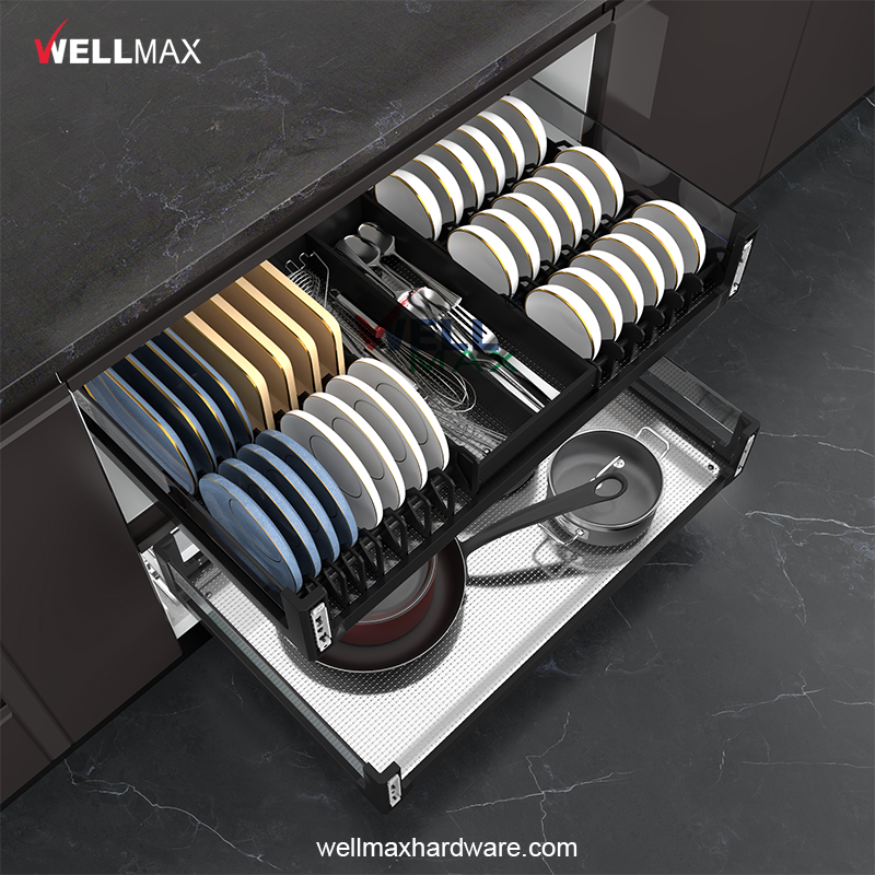How do drawer baskets help with kitchen organization?