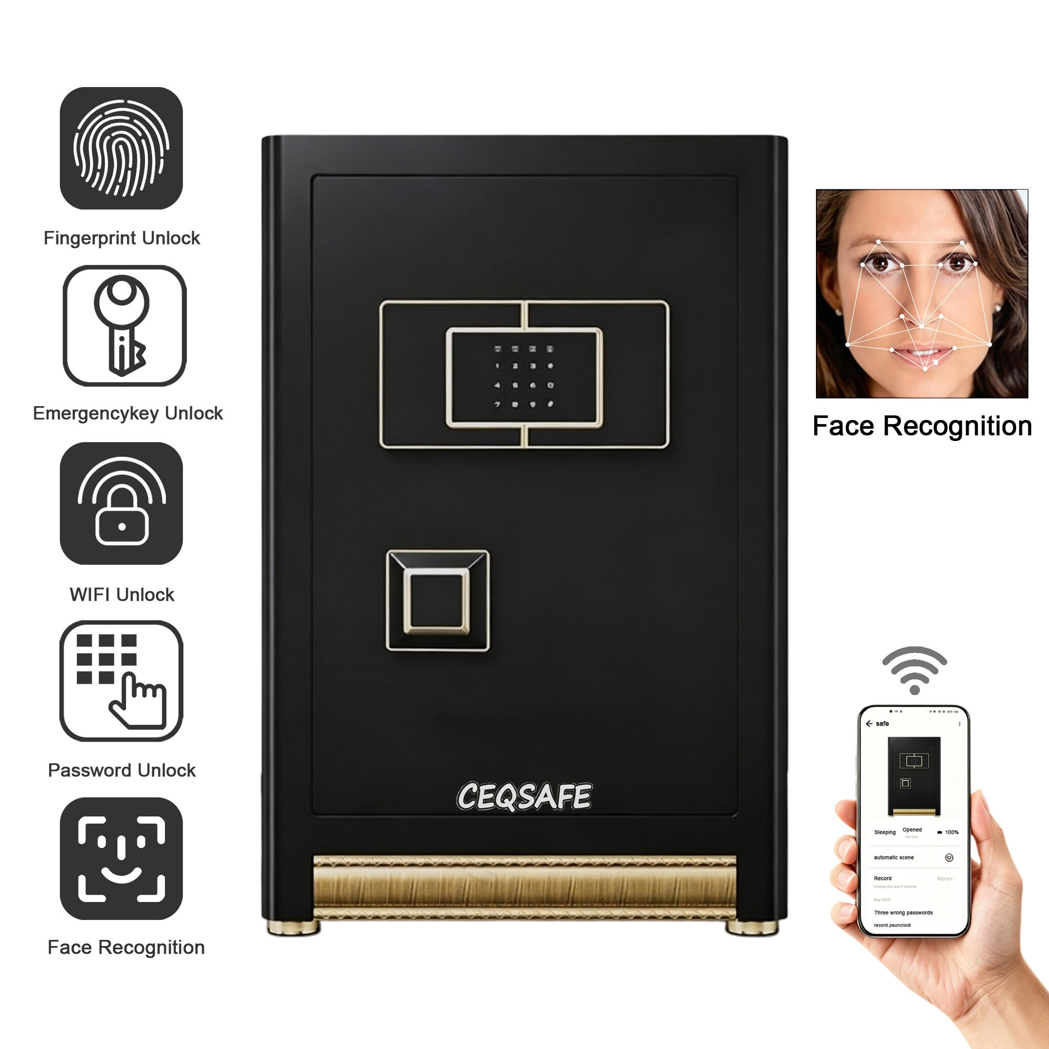 WS-700 CEQSAFE Face Recognition Heavy-Duty Anti-Theft Steel Digital Safe Box with Fingerprint