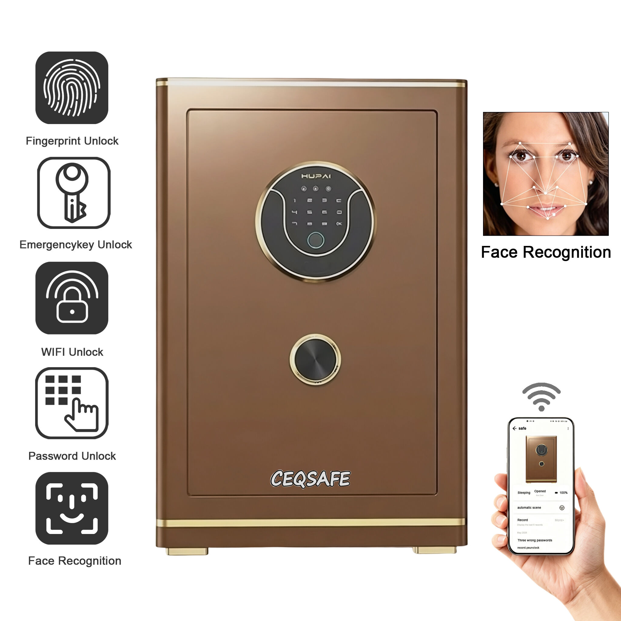 TG-700 CEQSAFE Face Recognition All Steel Large Anti-Theft Fireproof Safe Box with Fingerprint Password Remote WIFI Access for Home Office Documents