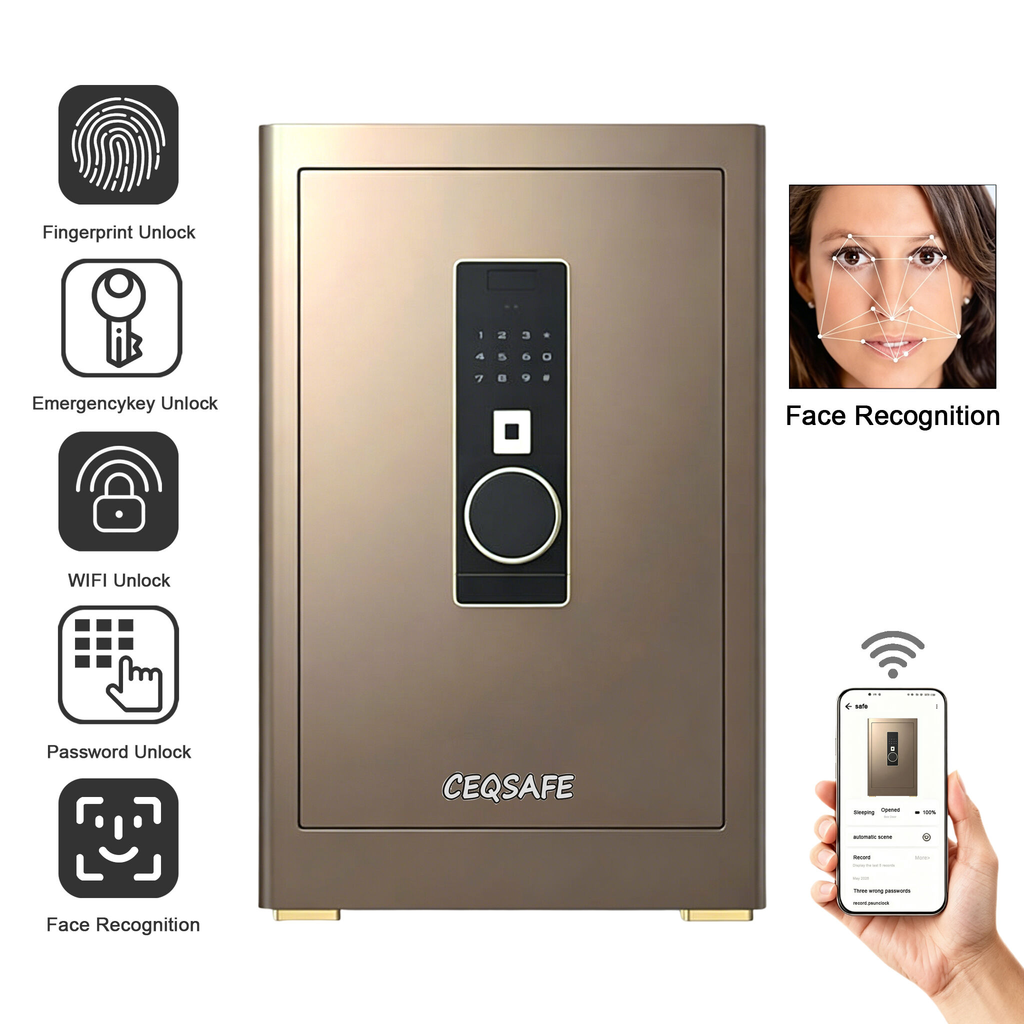 LH-700 CEQSAFE High Quality Manufacturer Face Recognition TUYA APP Fingerprint Safe Box Electronic Digital Metal Safe Box