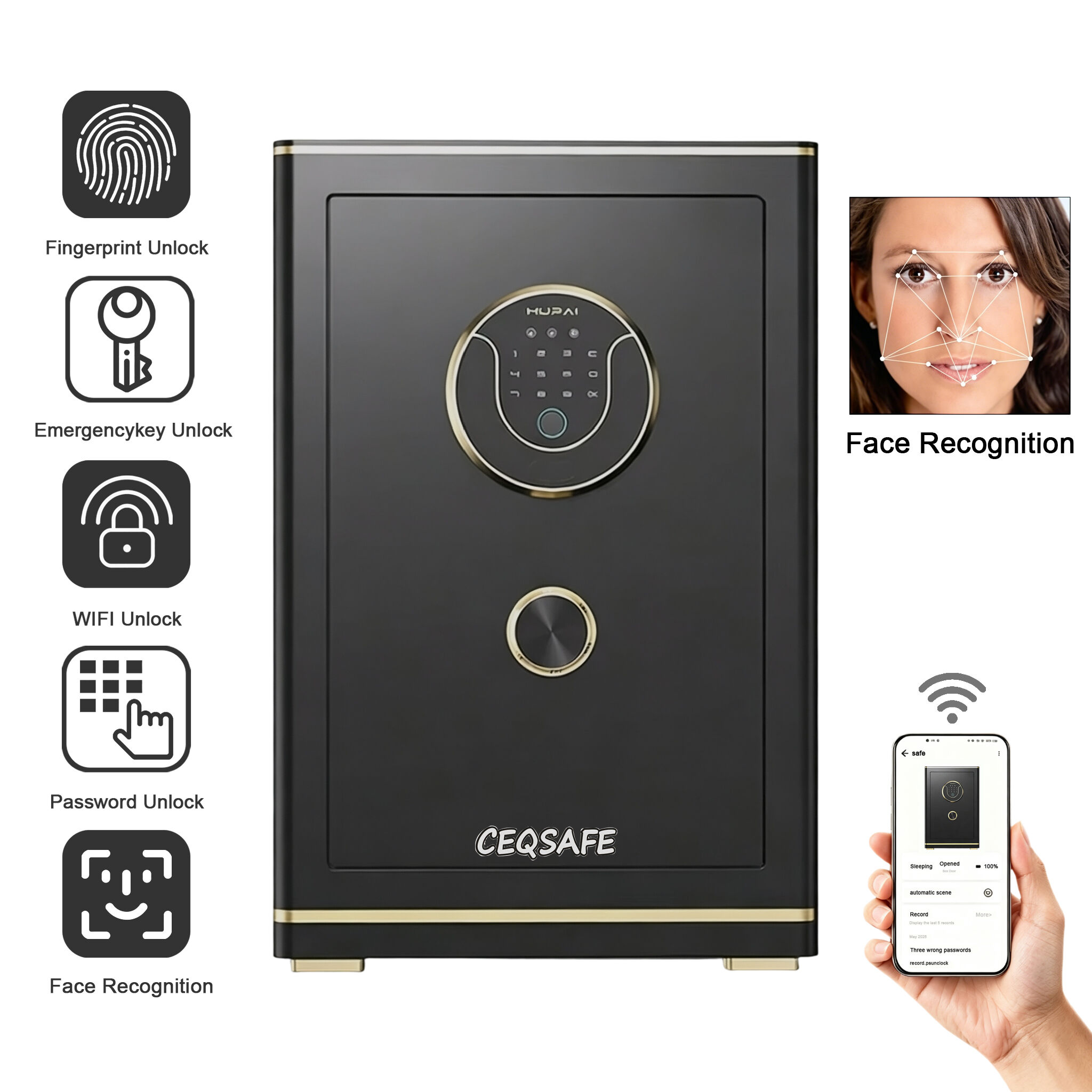 TG-700 CEQSAFE Face Recognition Anti-Theft Safe Storage Box Safe Mechanical Lock Scale Password for Home Commercial Hotel Use Dedicated Safe