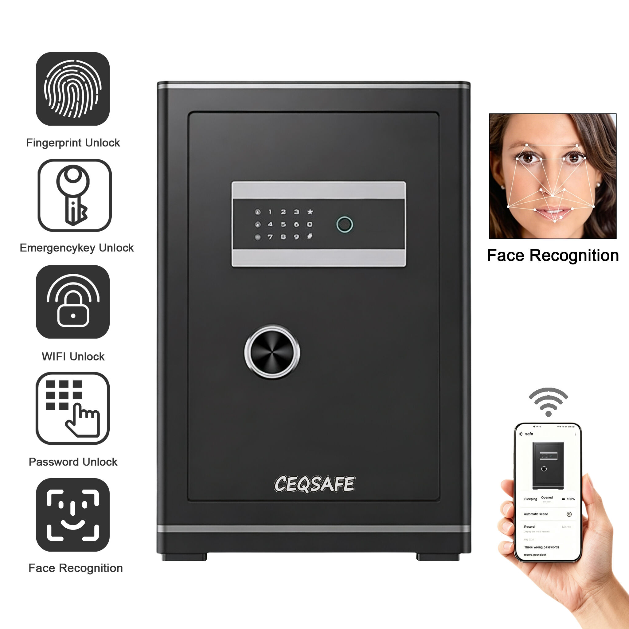 F-700 CEQSAFE Home Fingerprint Electronic Digital Lock Deposit Box Wholesale Safe Access with Face Recognition TUYA APP Safe Box