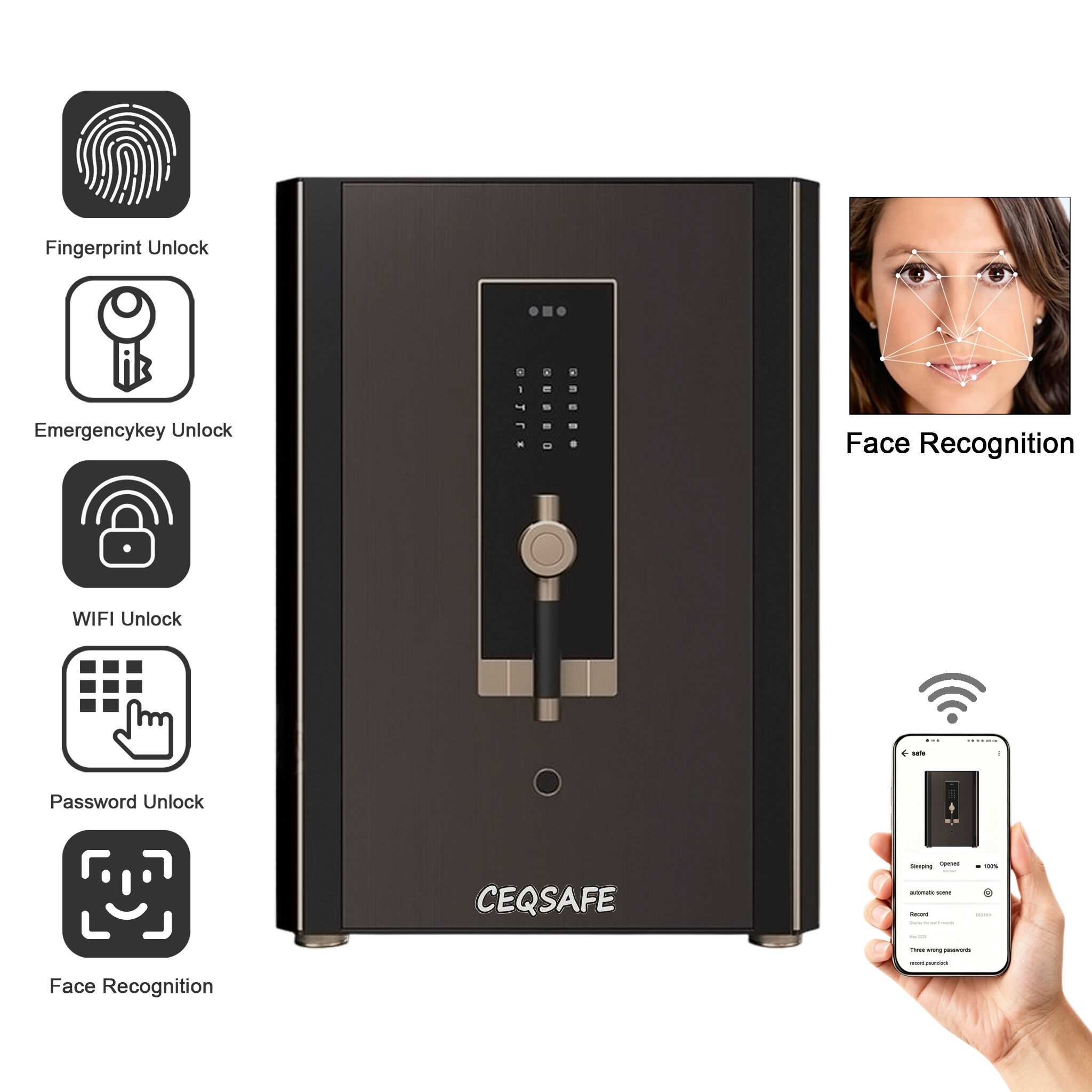CA-880 CEQSAFE Face Recognition Metal Electronic Digital Lock Fingerprint WiFi Safe Box Smart Home Office Security Safe Box for Money