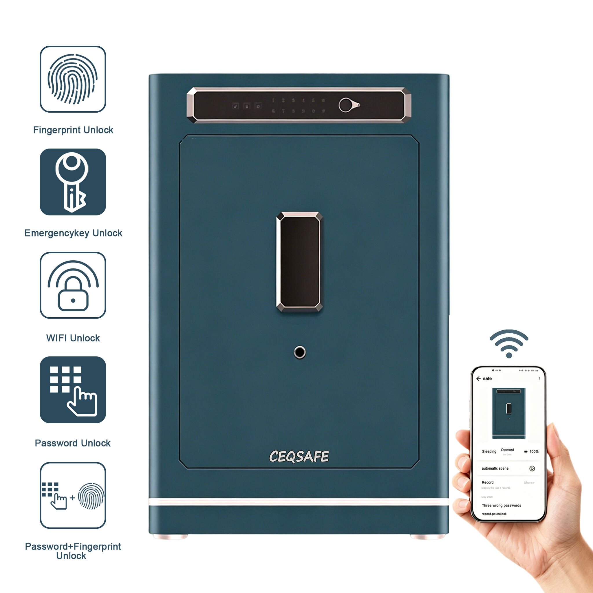 A1-800 CEQSAFE Customizable Steel Electronic Home Safe with Key Lock Factory-Designed Fingerprint Access Via TUYA APP