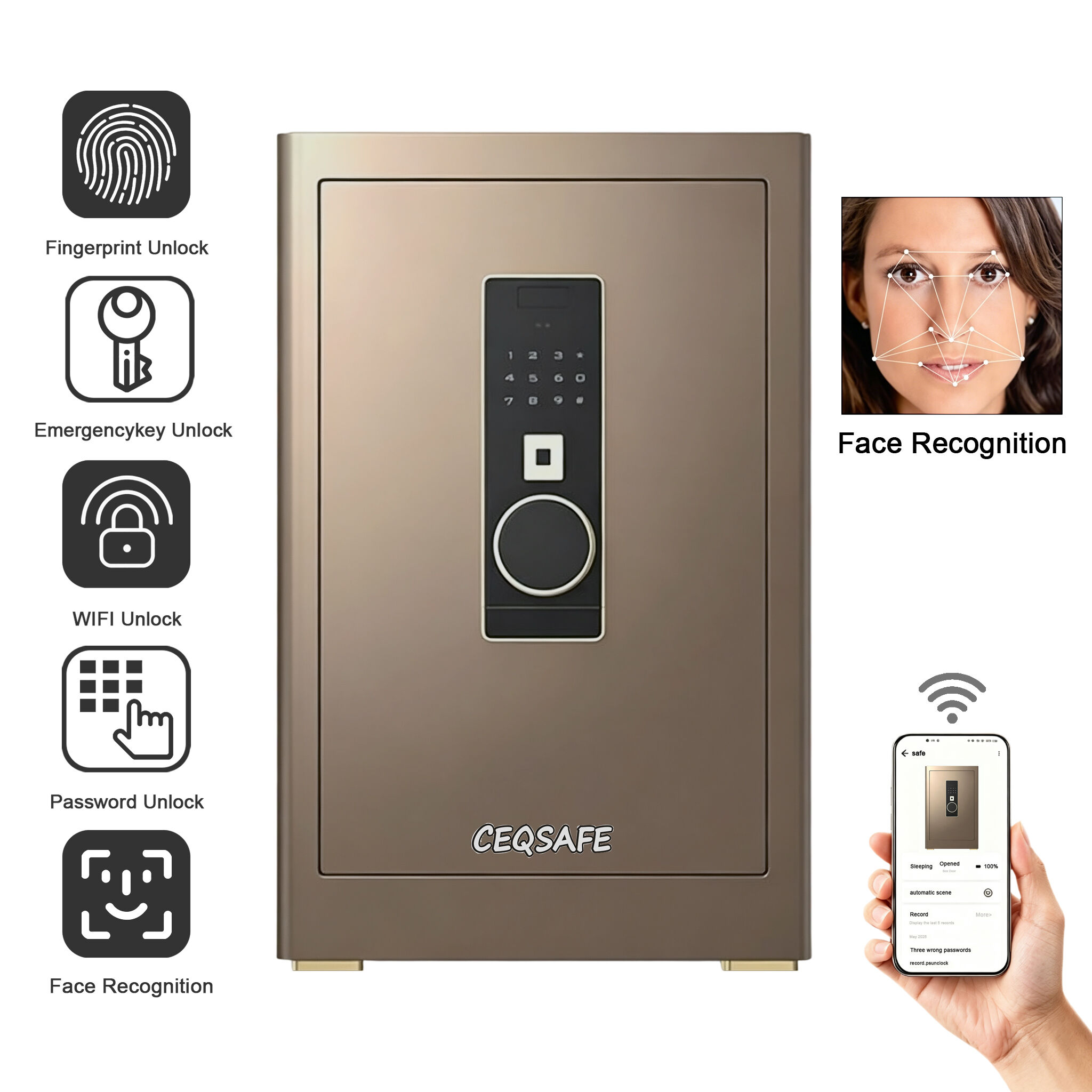 LH-800 CEQSAFE WiFi Smart Safes Electronic Keypad Home Safety Anti-Theft Face Recognition TUYA APP Security Safe Box