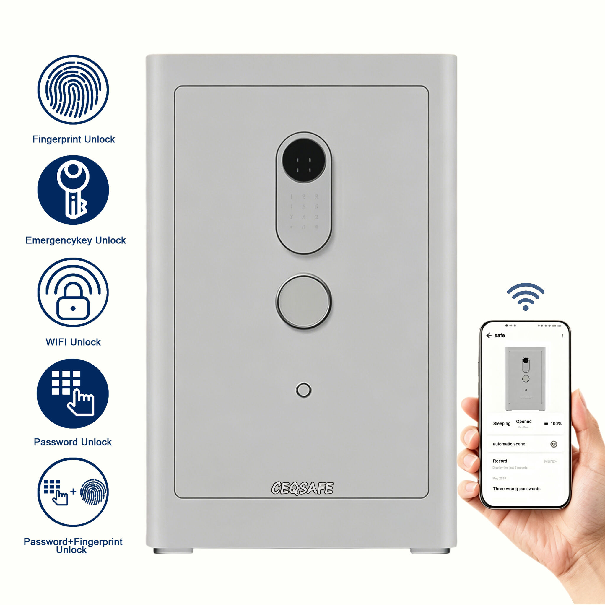 A2-700 CEQSAFE TUYA-App-WLAN-Haushaltssafe aus Stahl, sicherer Haushaltssafe mit intelligenter Diebstahlschutz-Alarmanlage, Fingerabdruck- und elektronischem Zugang