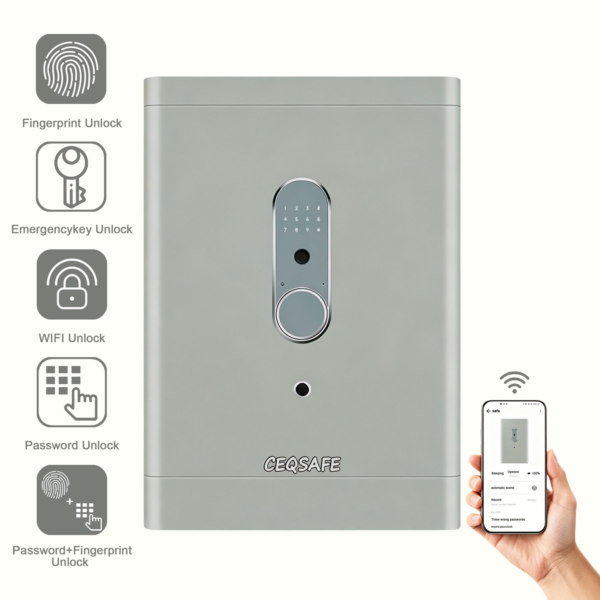 CEQSAFE High Quality Intelligent Fingerprint Wall-Mounted TUYA APP WIFI Safe Cabinet with Key Lock