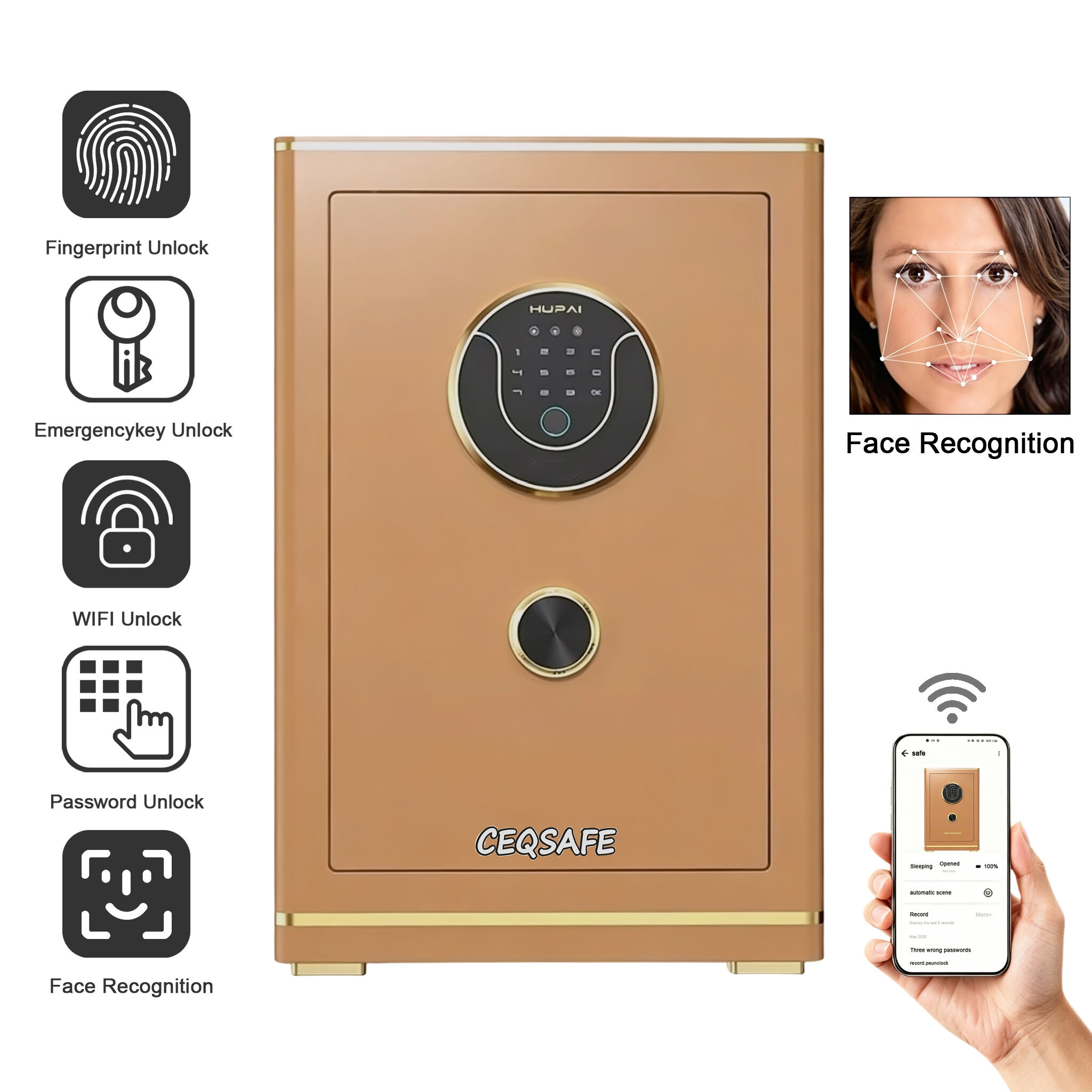 TG-700 CEQSAFE Face Recognition Digital Fingerprint Safe Storage Passcode Smart Keys Box Tuya Smart Wifi Security Electronic Lock for Safe Box