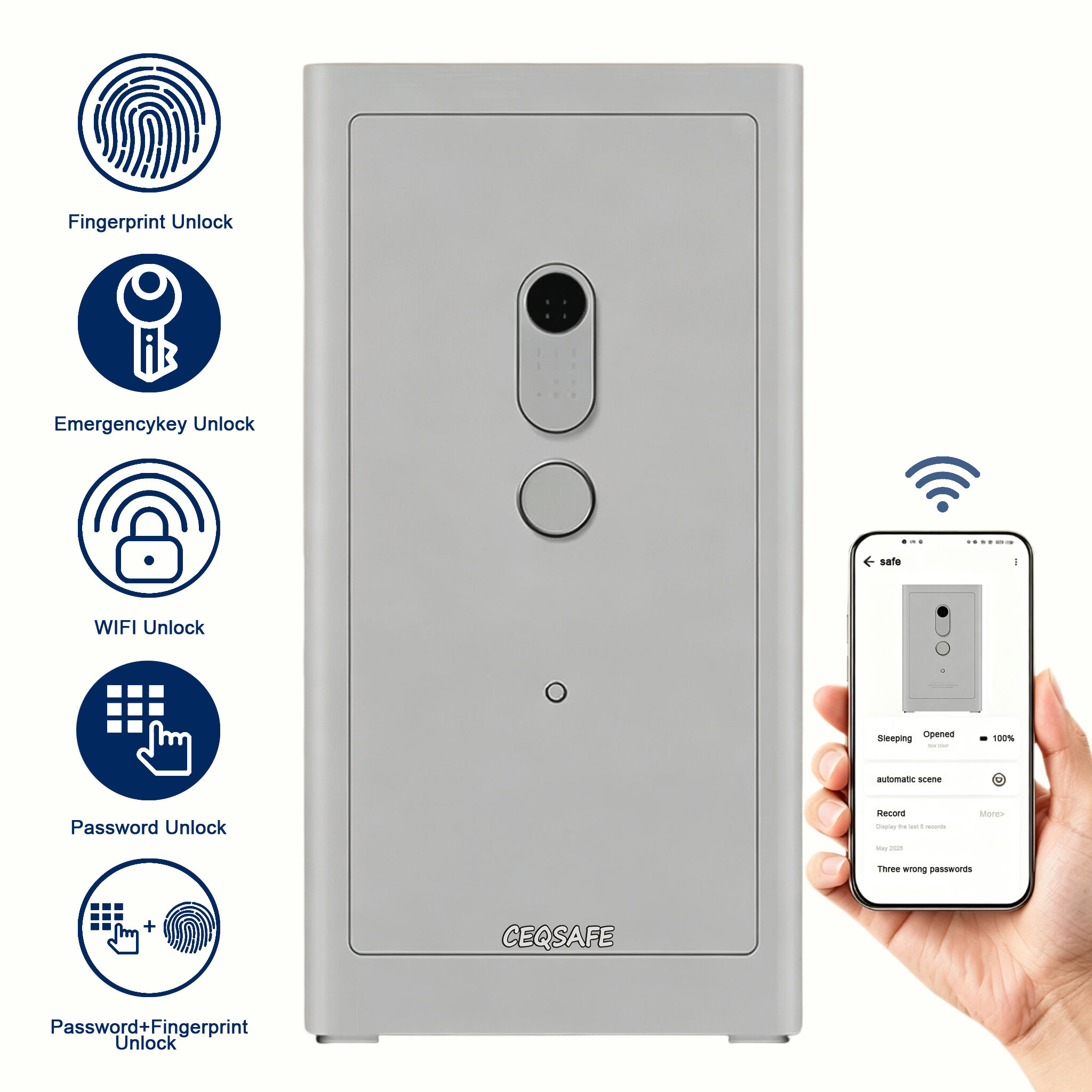 Caja fuerte antirrobo CEQSAFE A2-1000 con aplicación TUYA y WiFi para oficinas y hogares, caja fuerte de acero con botón de alarma, bloqueo por huella digital, ignífuga y con contraseña sencilla