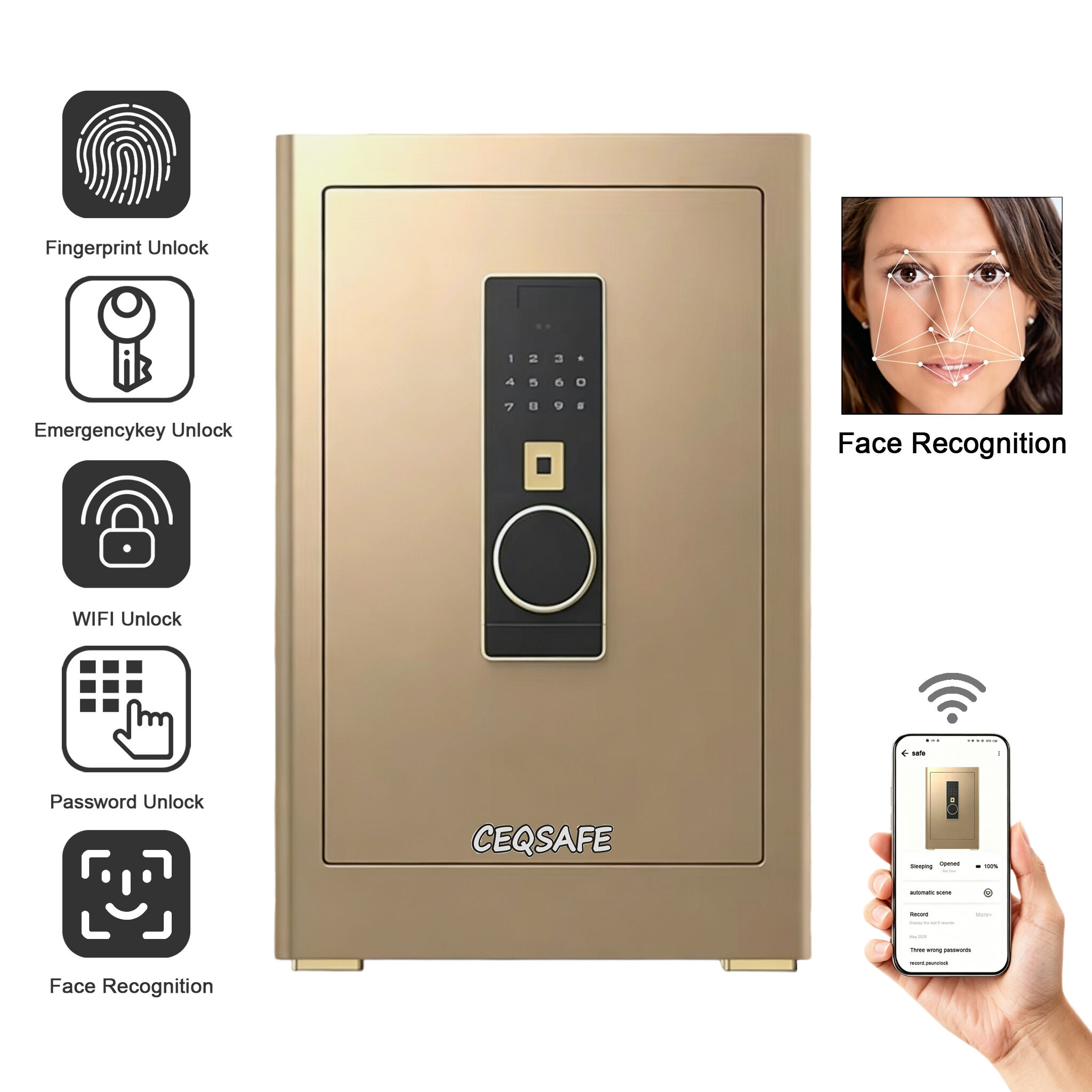 LH-800 CEQSAFE Face Recognition TUYA APP WIFE Safe Box with Fingerprint Model Passcode Safe Box for Home Office
