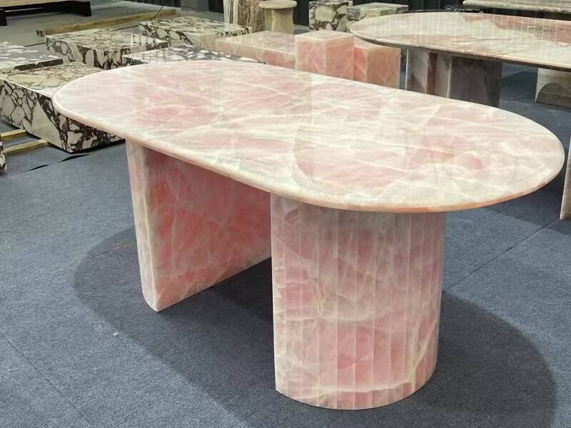 Op maat gemaakte roze kristalonyx ovale eettafel