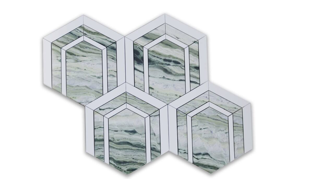 Green Marble and Crystal White Hexagonal Waterjet Mosaic Tile
